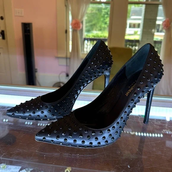 Saint Laurent black on black leather studded heels